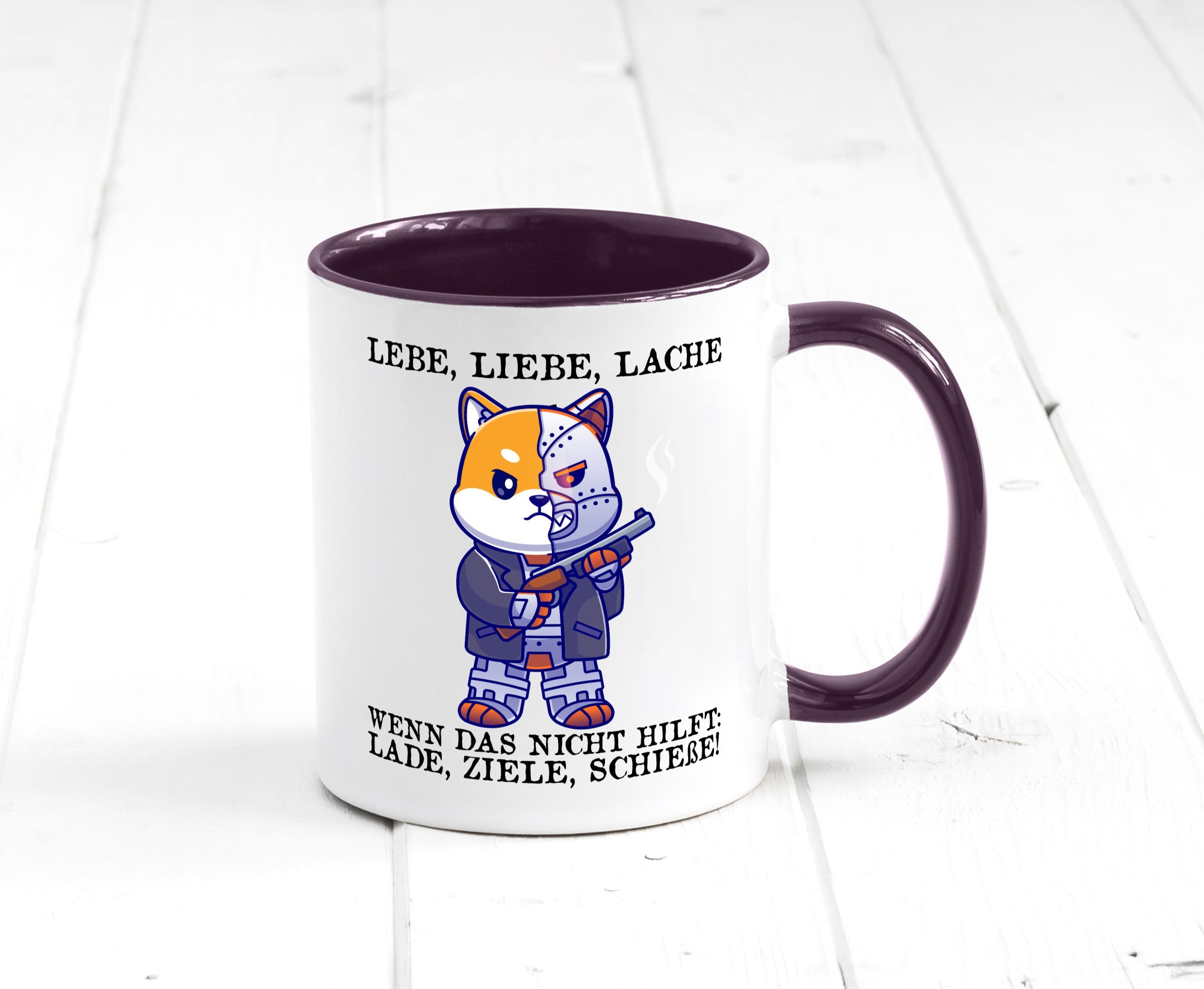 Lebe Liebe Lache | Sarkasmus Katze mit Gewehr Comic Geschenk Tierliebhaber