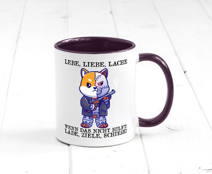 Lebe Liebe Lache | Sarkasmus Katze mit Gewehr Comic Geschenk Tierliebhaber