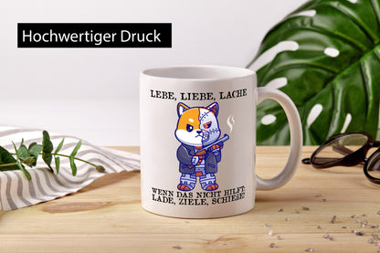 Lebe Liebe Lache | Sarkasmus Katze mit Gewehr Comic Geschenk Tierliebhaber