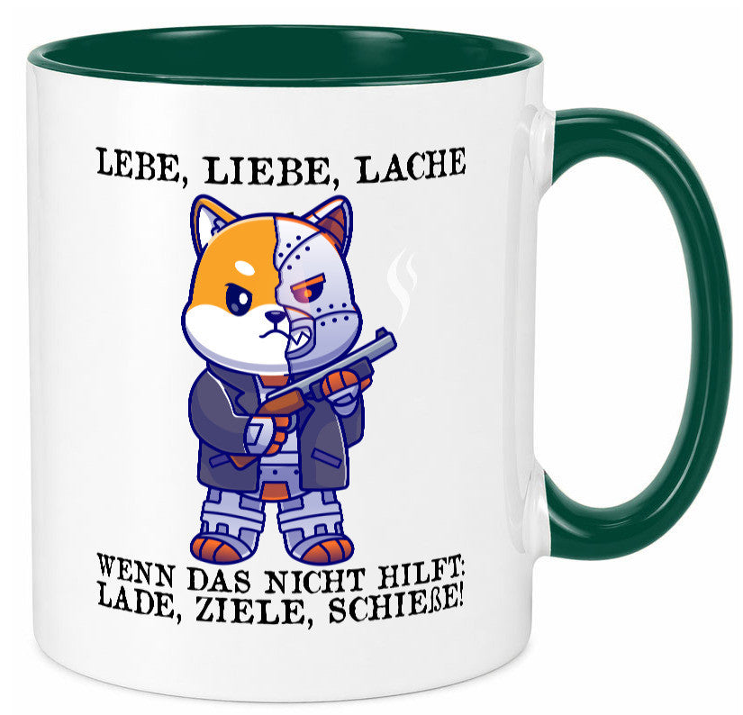 Lebe Liebe Lache | Sarkasmus Katze mit Gewehr Comic Geschenk Tierliebhaber