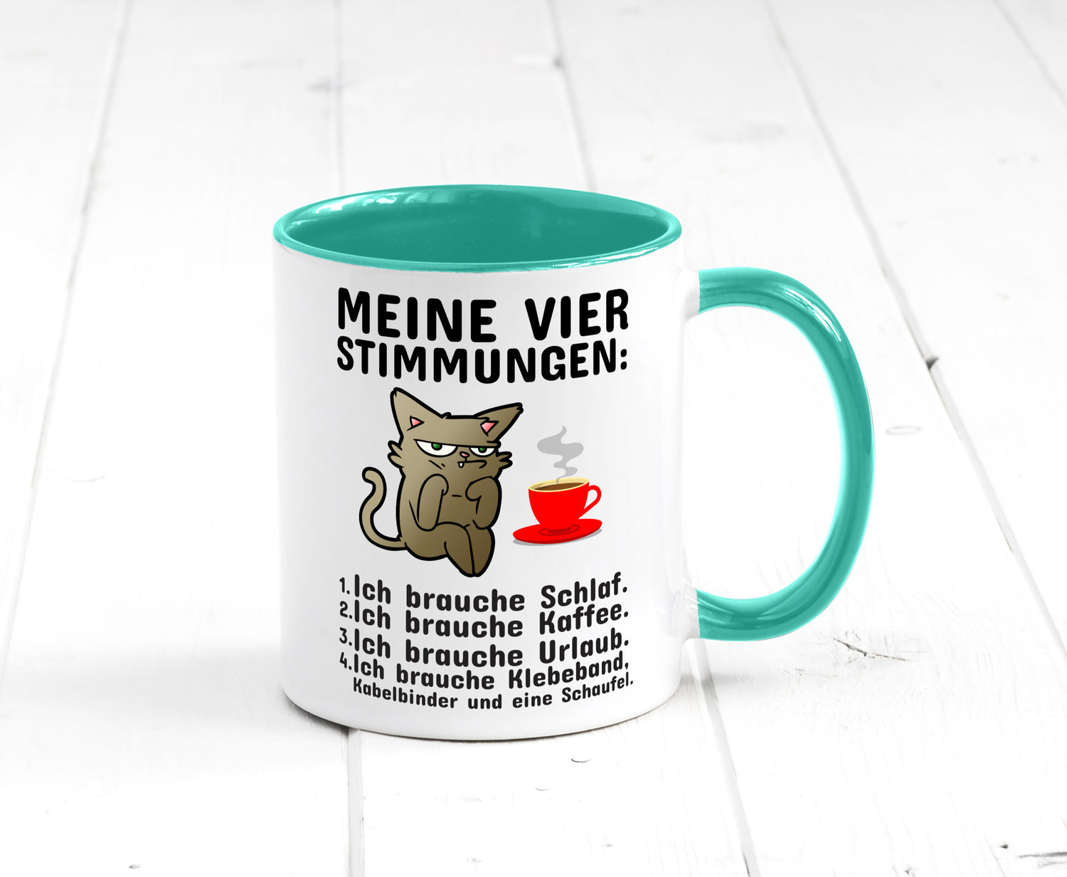 Vier Stimmungen | Morgenmuffel Tasse mürrische Katze Humor Tierliebhaber