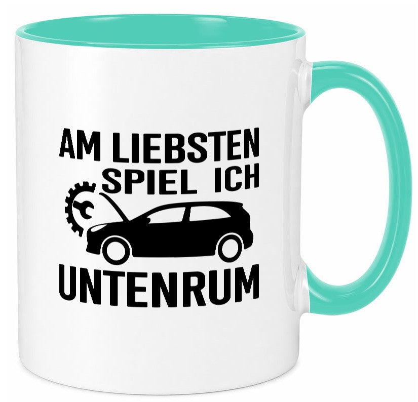 Am liebsten spiele ich unten rum | Autoliebhaber Werkstatt lustiger Spruch Tasse