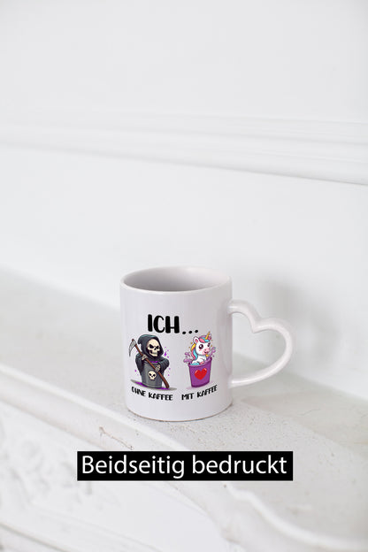 Ich mit und ohne Kaffee | Einhorn Kaffeetrinker v2 Humor Geschenkidee Tasse