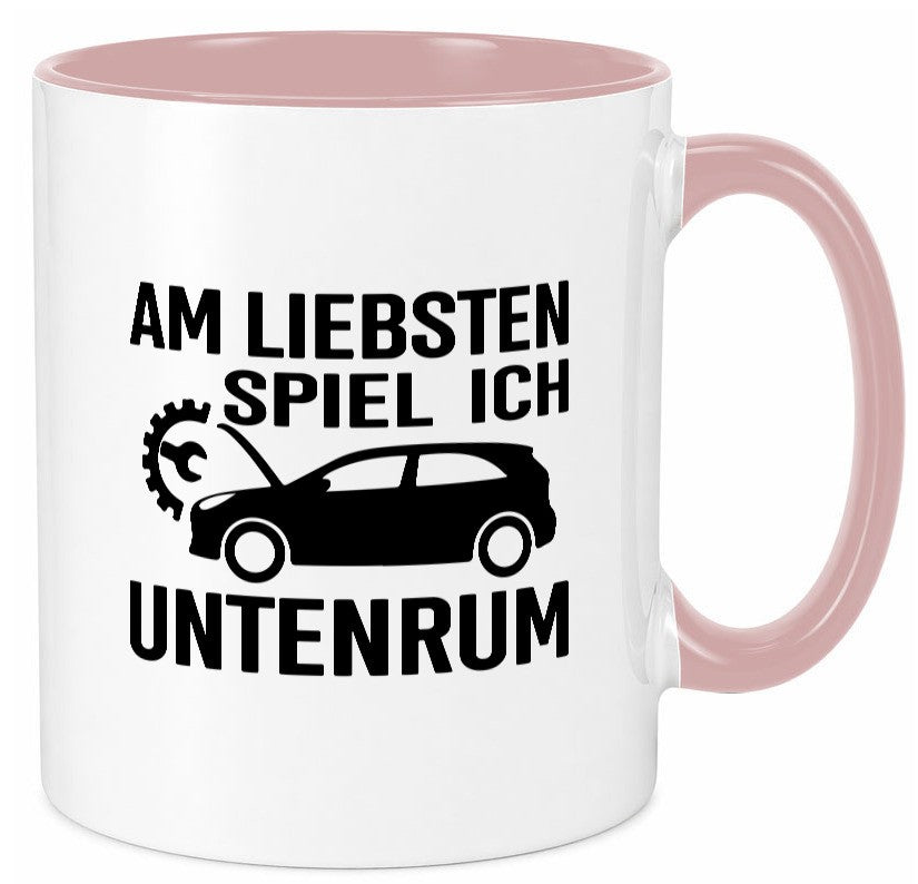Am liebsten spiele ich unten rum | Autoliebhaber Werkstatt lustiger Spruch Tasse
