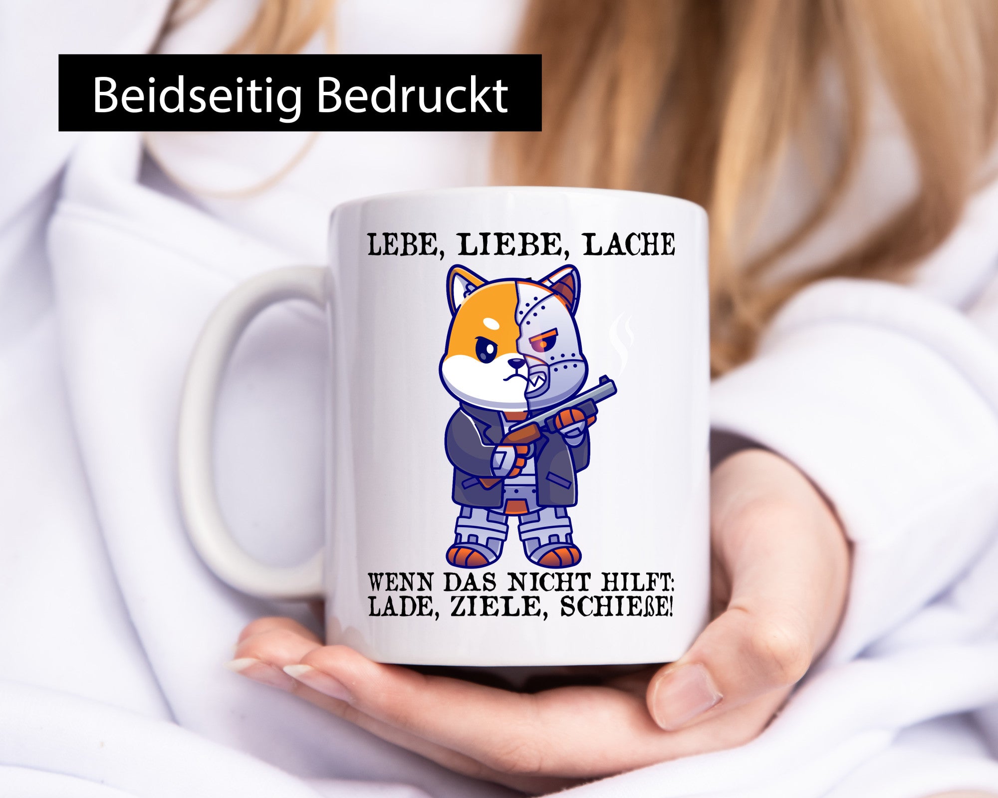 Lebe Liebe Lache | Sarkasmus Katze mit Gewehr Comic Geschenk Tierliebhaber