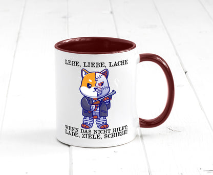 Lebe Liebe Lache | Sarkasmus Katze mit Gewehr Comic Geschenk Tierliebhaber