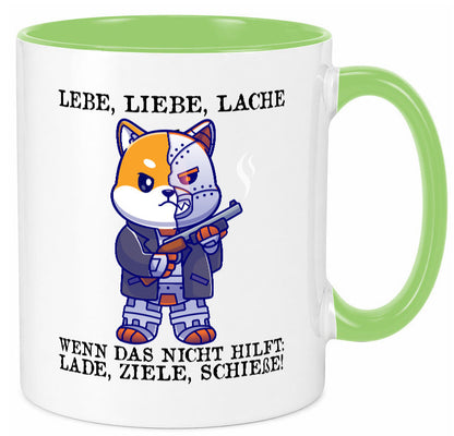 Lebe Liebe Lache | Sarkasmus Katze mit Gewehr Comic Geschenk Tierliebhaber