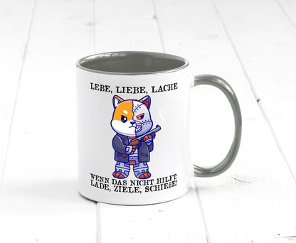 Lebe Liebe Lache | Sarkasmus Katze mit Gewehr Comic Geschenk Tierliebhaber