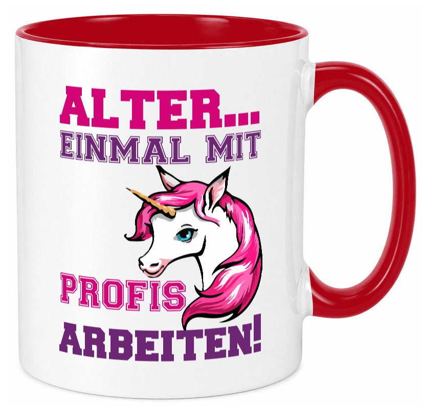 Mit Profis arbeiten | grimmiges Einhorn witzige Tasse Humor Arbeit Kollegen