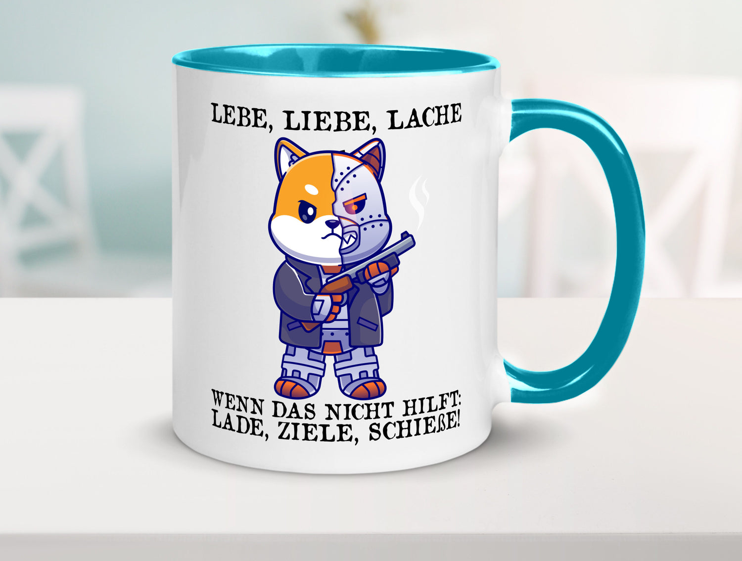 Lebe Liebe Lache | Sarkasmus Katze mit Gewehr Comic Geschenk Tierliebhaber