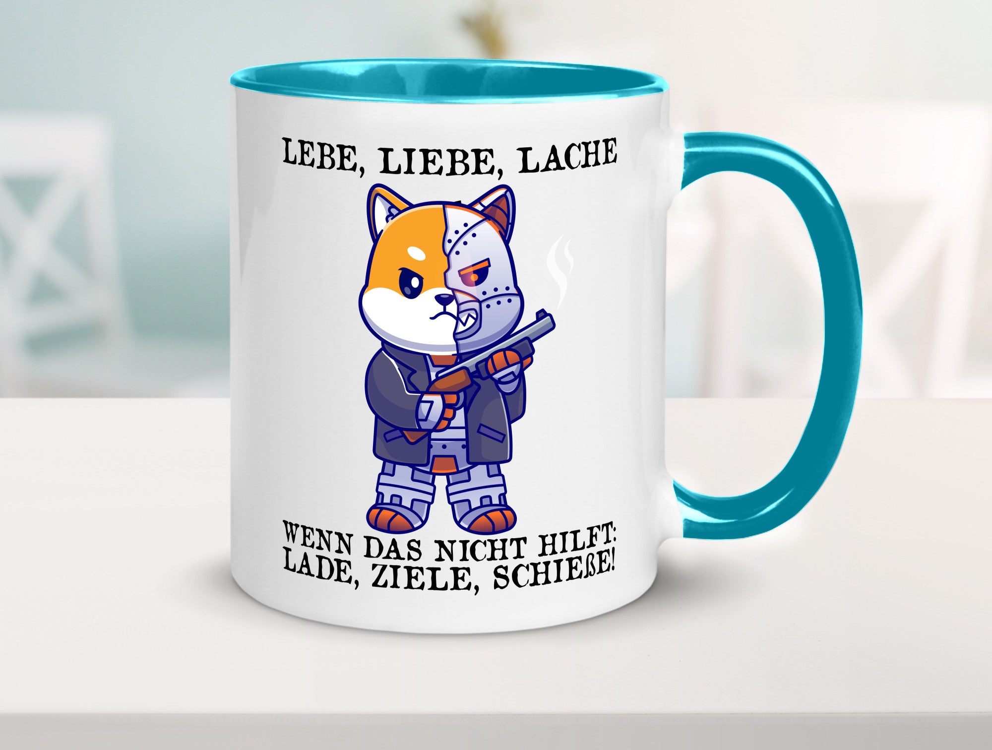 Lebe Liebe Lache | Sarkasmus Katze mit Gewehr Comic Geschenk Tierliebhaber