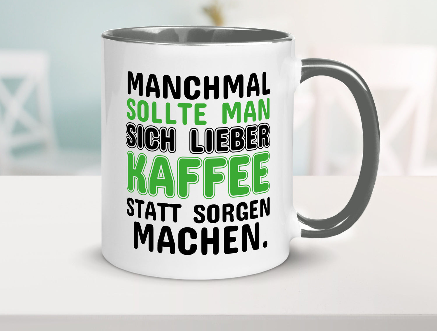 Kaffee statt sorgen lustiger Spruch Geschenk Humor Geschenkidee Tasse