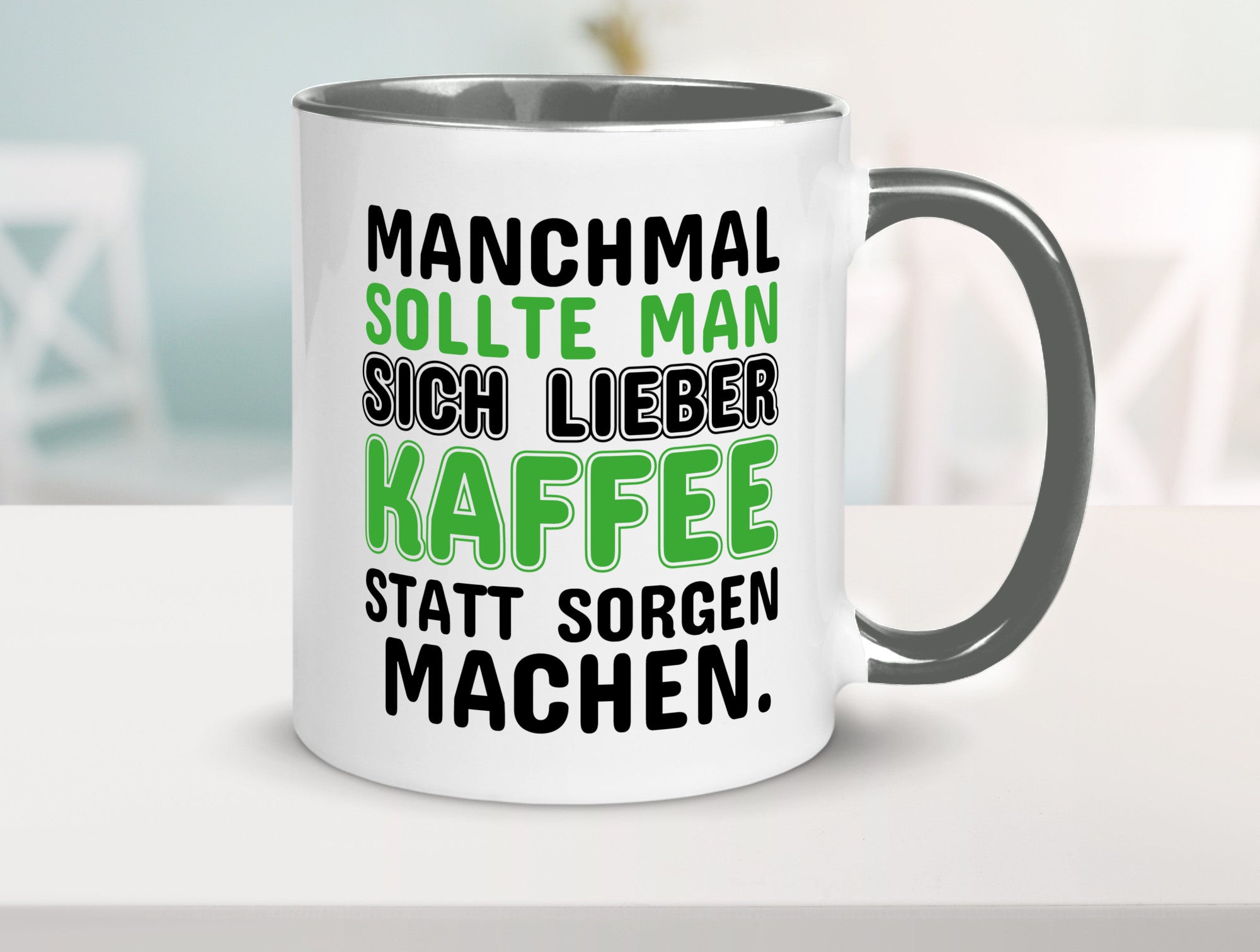Kaffee statt sorgen lustiger Spruch Geschenk Humor Geschenkidee Tasse