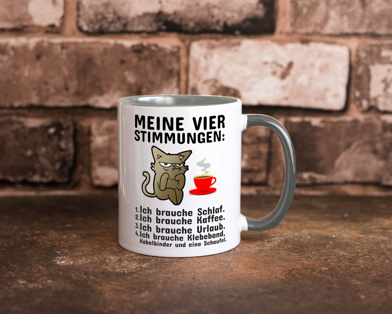 Vier Stimmungen | Morgenmuffel Tasse mürrische Katze Humor Tierliebhaber