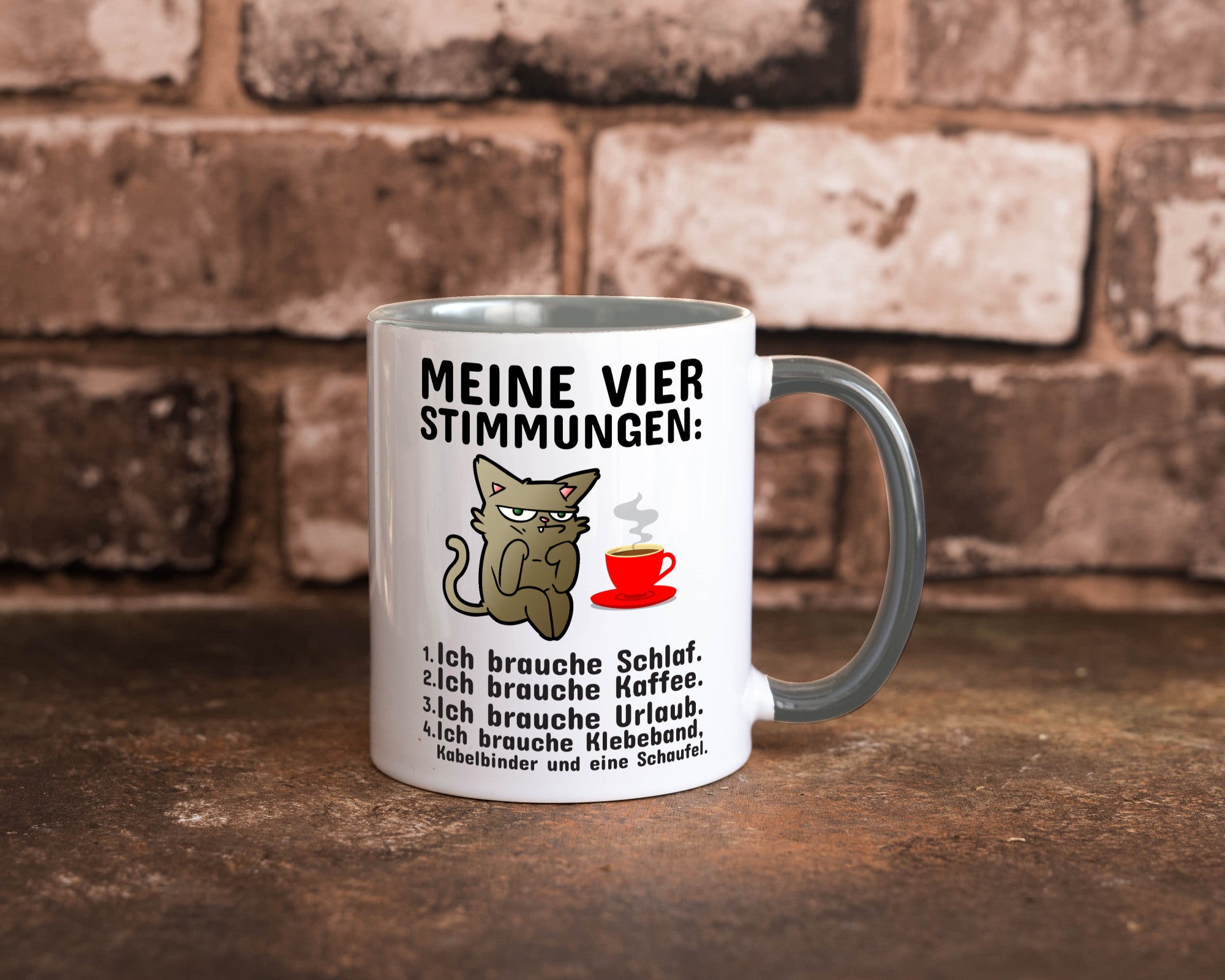 Vier Stimmungen | Morgenmuffel Tasse mürrische Katze Humor Tierliebhaber