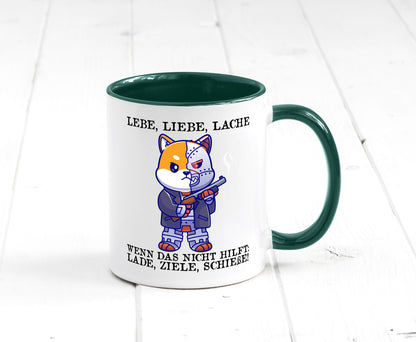 Lebe Liebe Lache | Sarkasmus Katze mit Gewehr Comic Geschenk Tierliebhaber
