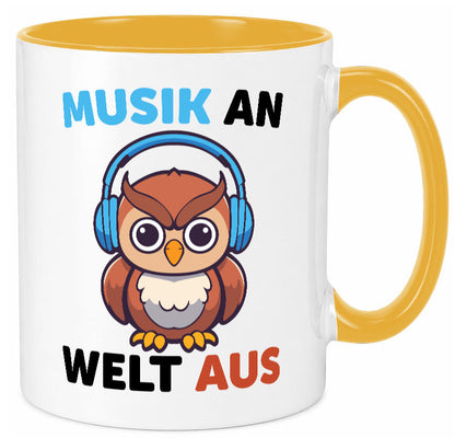 Musik an Welt aus | Eule hört lustiger Spruch Geschenk Humor Geschenkidee Tasse
