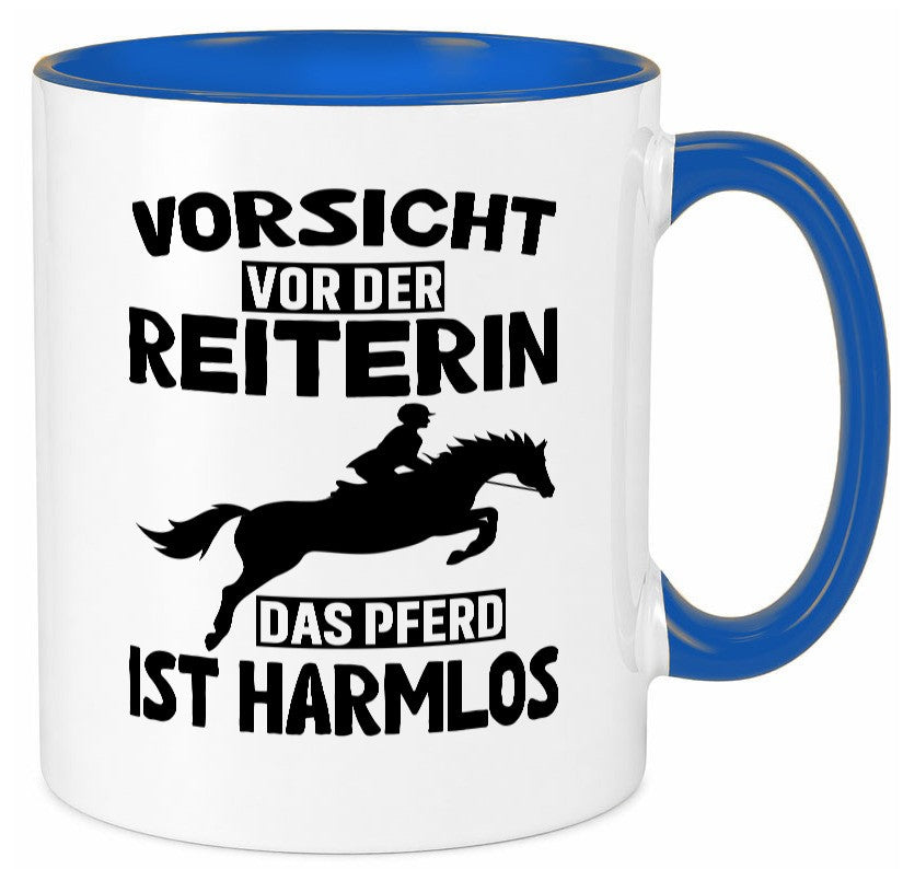 Vorsicht vor der Reiterin das Pferd ist Harmlos lustig Humor Geschenkidee Tasse