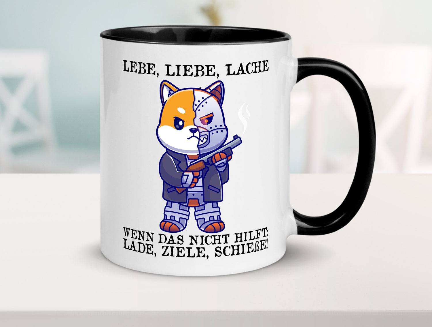 Lebe Liebe Lache | Sarkasmus Katze mit Gewehr Comic Geschenk Tierliebhaber