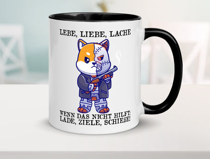 Lebe Liebe Lache | Sarkasmus Katze mit Gewehr Comic Geschenk Tierliebhaber