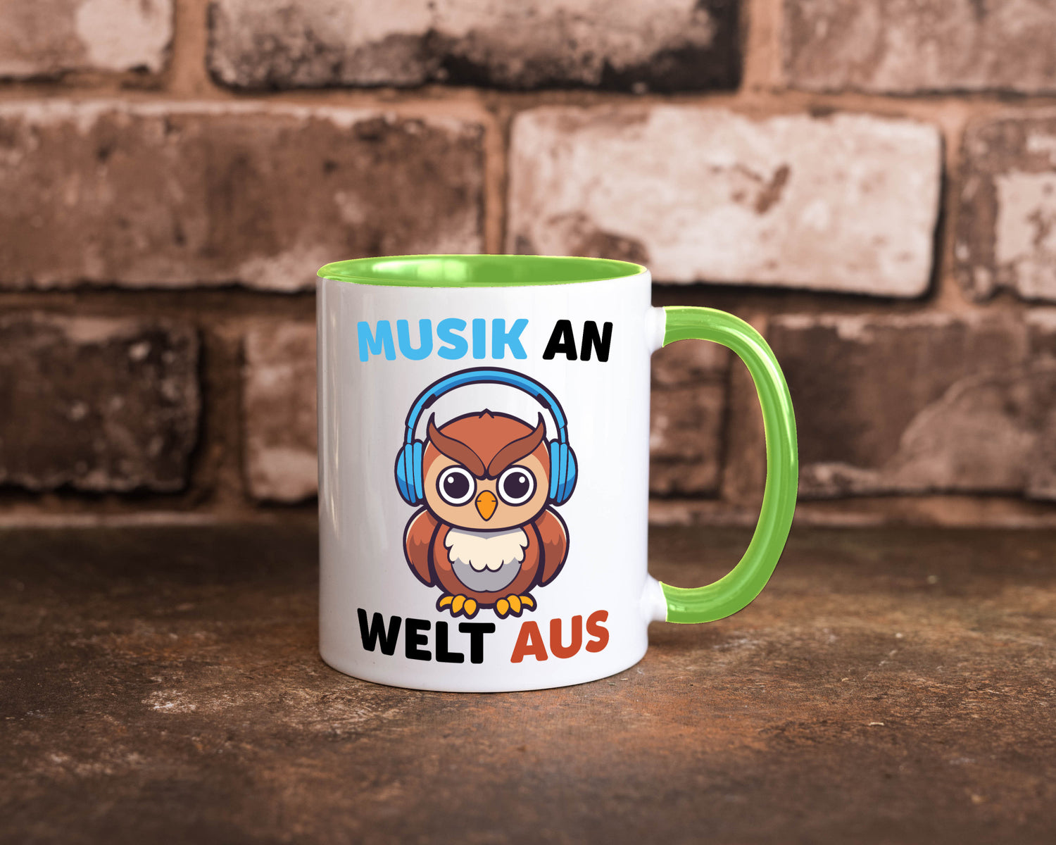 Musik an Welt aus | Eule hört lustiger Spruch Geschenk Humor Geschenkidee Tasse