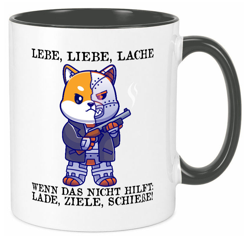 Lebe Liebe Lache | Sarkasmus Katze mit Gewehr Comic Geschenk Tierliebhaber
