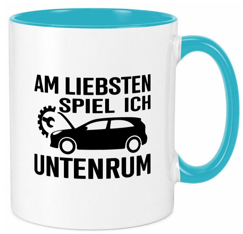 Am liebsten spiele ich unten rum | Autoliebhaber Werkstatt lustiger Spruch Tasse