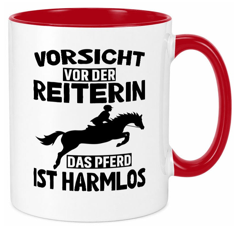 Vorsicht vor der Reiterin das Pferd ist Harmlos lustig Humor Geschenkidee Tasse