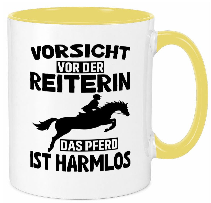 Vorsicht vor der Reiterin das Pferd ist Harmlos lustig Humor Geschenkidee Tasse
