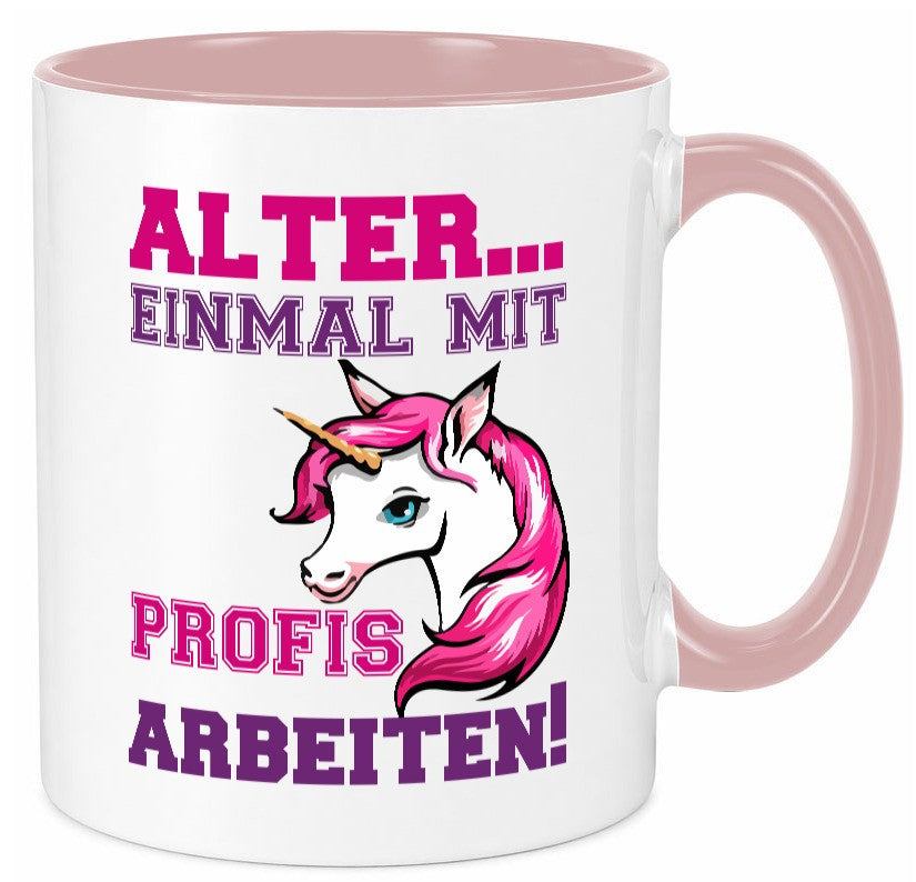Mit Profis arbeiten | grimmiges Einhorn witzige Tasse Humor Arbeit Kollegen