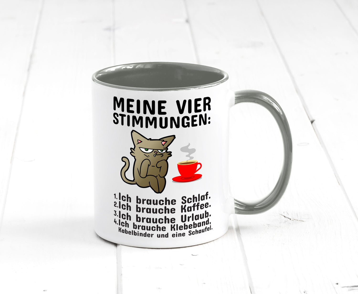 Vier Stimmungen | Morgenmuffel Tasse mürrische Katze Humor Tierliebhaber