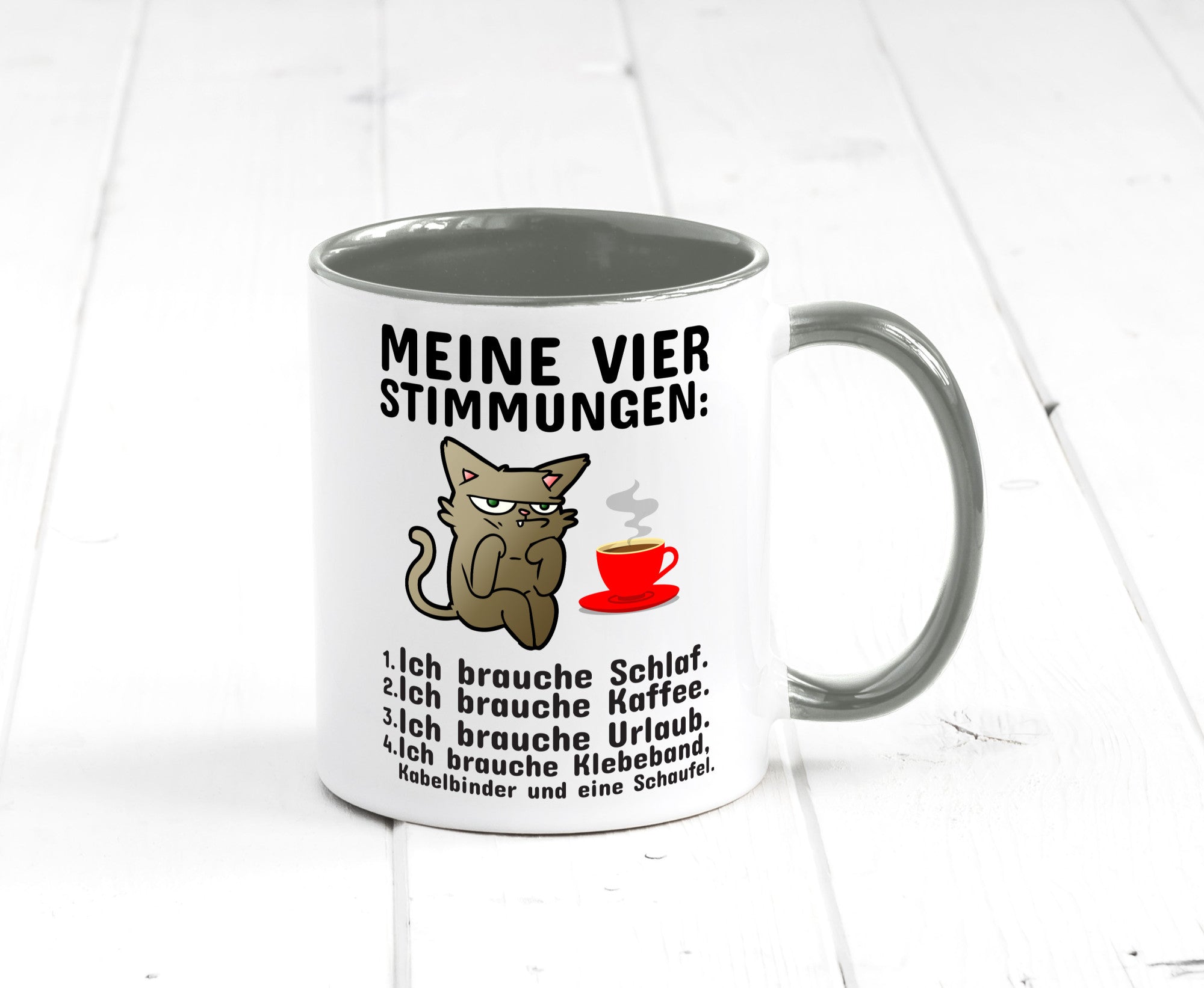Vier Stimmungen | Morgenmuffel Tasse mürrische Katze Humor Tierliebhaber