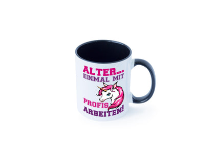 Mit Profis arbeiten | grimmiges Einhorn witzige Tasse Humor Arbeit Kollegen