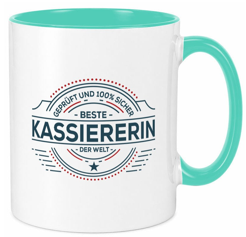 Geprüft und sicher: Kassiererin Geschenk Humor Geschenkidee lustiger Spruch Tasse