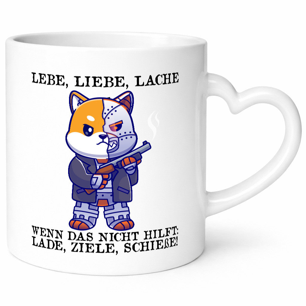 Lebe Liebe Lache | Sarkasmus Katze mit Gewehr Comic Geschenk Tierliebhaber
