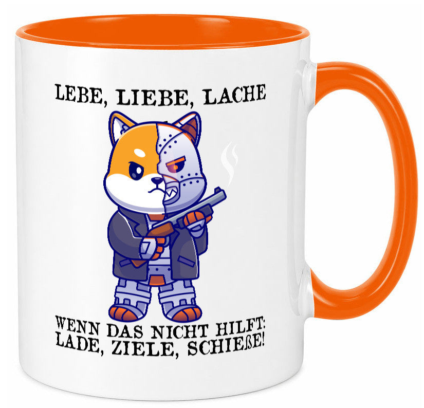 Lebe Liebe Lache | Sarkasmus Katze mit Gewehr Comic Geschenk Tierliebhaber