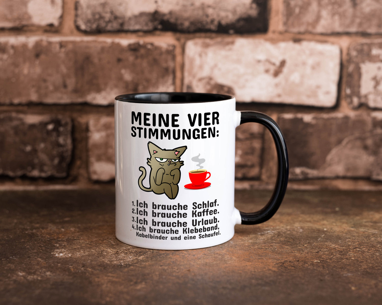Vier Stimmungen | Morgenmuffel Tasse mürrische Katze Humor Tierliebhaber
