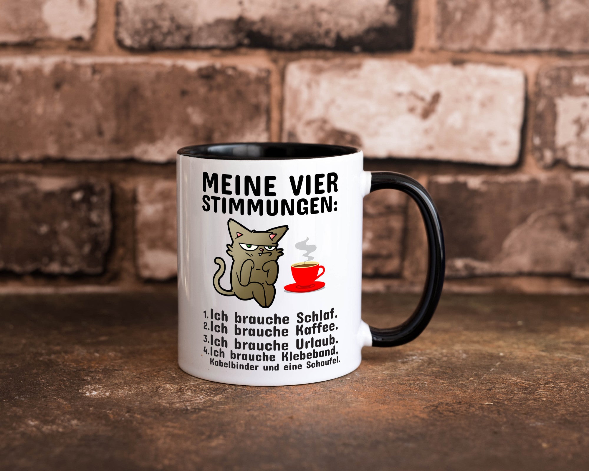 Vier Stimmungen | Morgenmuffel Tasse mürrische Katze Humor Tierliebhaber