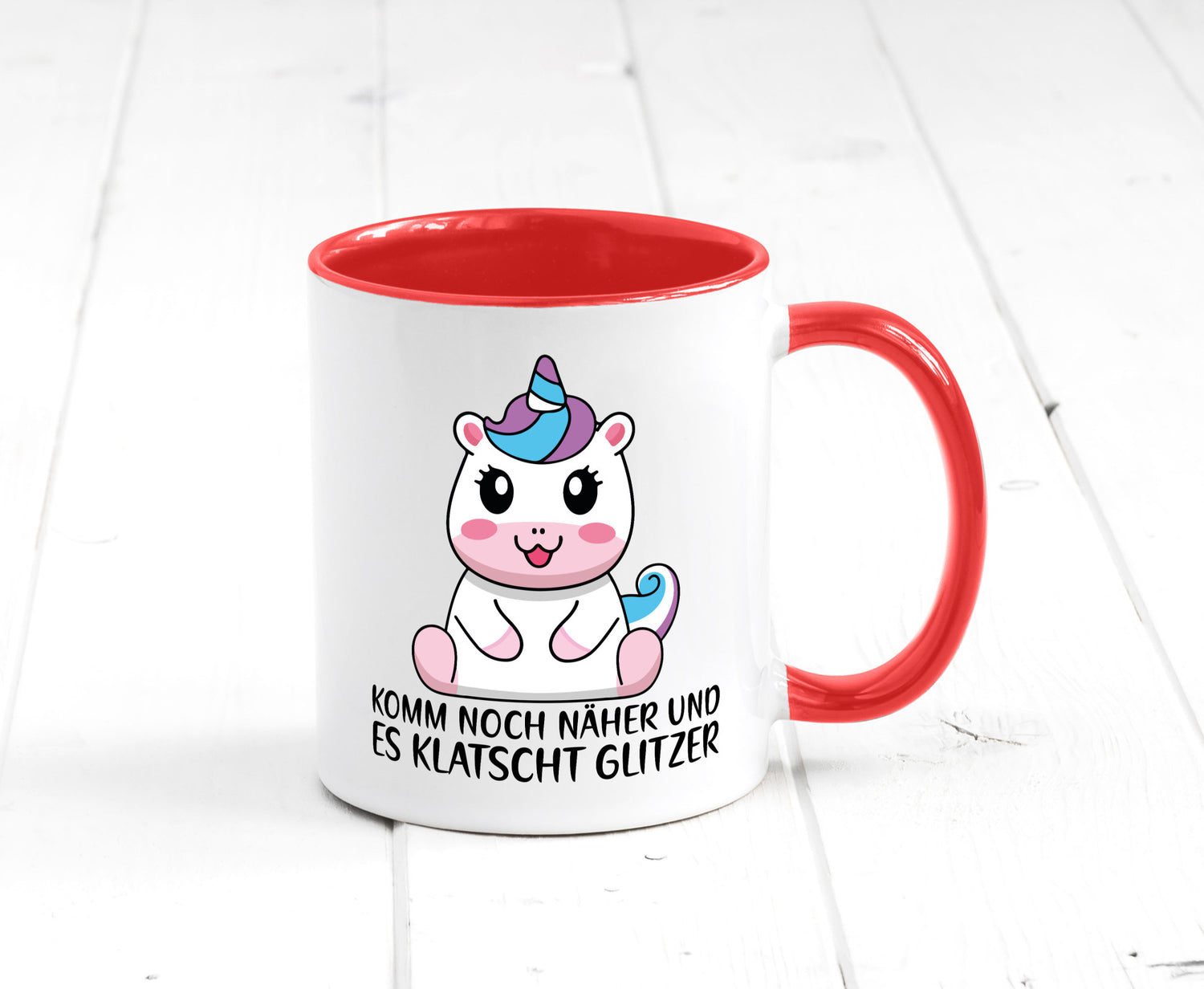 Komm näher und es klatscht Glitzer | Humor Einhorn Geschenkidee Tasse