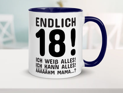 Endlich 18 | Geburtstag Tasse volljährig Erwachsen lustig Geschenkidee Geschenk