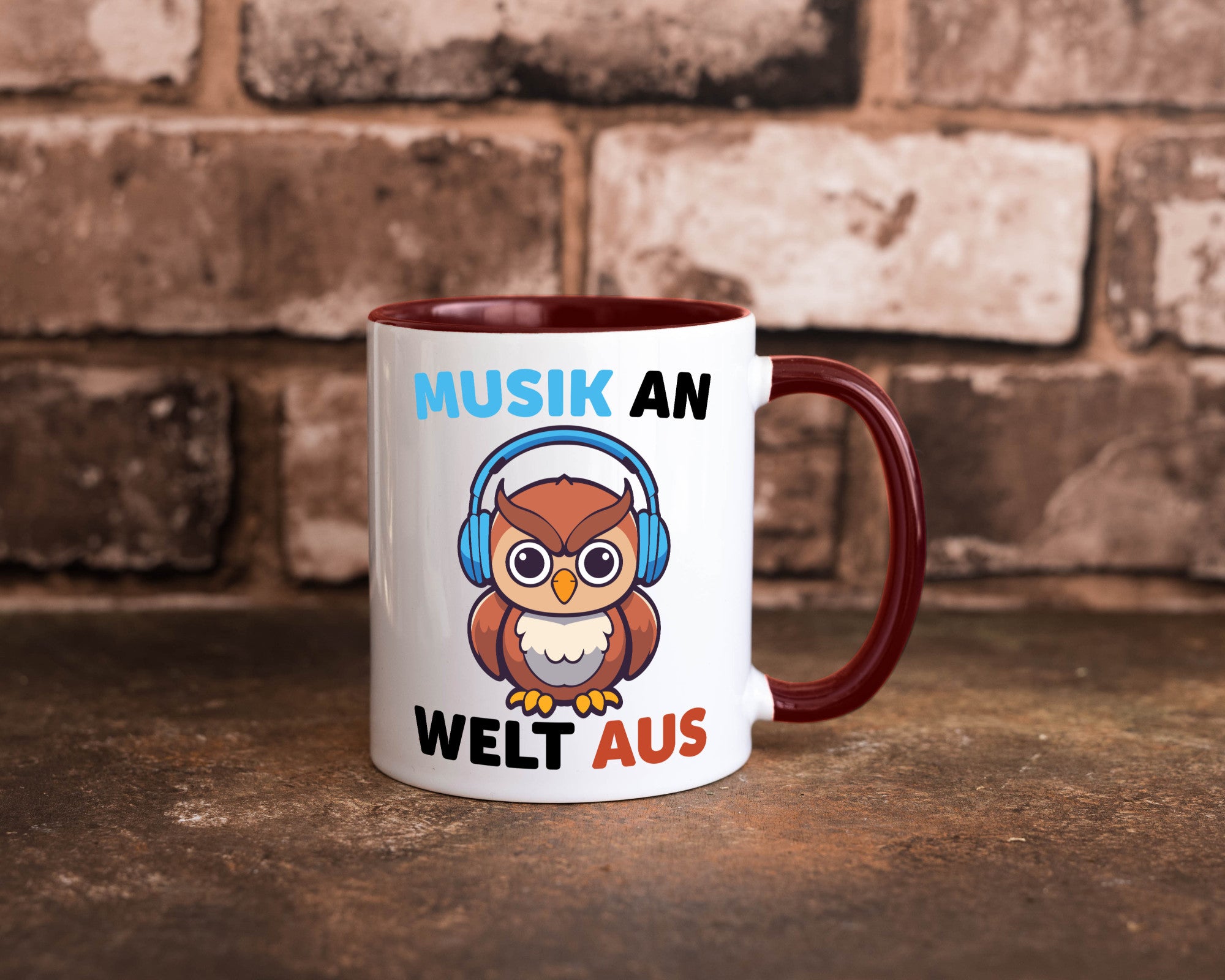 Musik an Welt aus | Eule hört lustiger Spruch Geschenk Humor Geschenkidee Tasse
