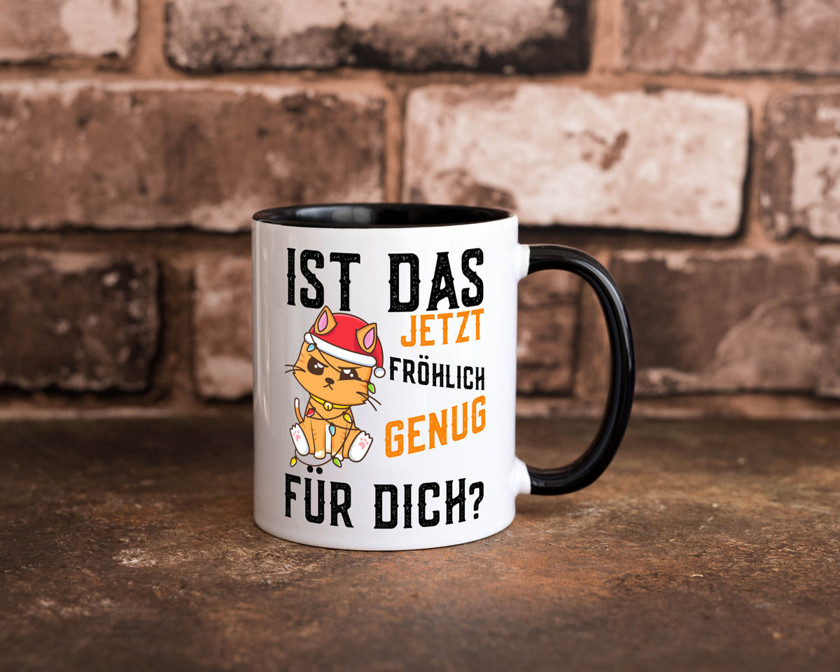 Ist das fröhlich genug | Katze Weihnachten Lichterkette Geschenk Tierliebhaber Tasse