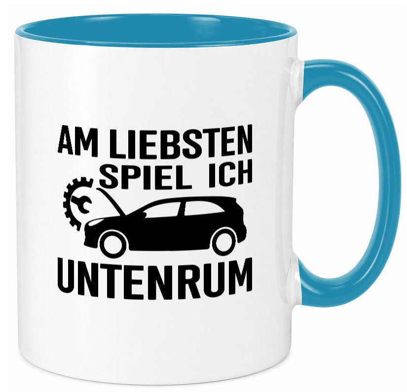 Am liebsten spiele ich unten rum | Autoliebhaber Werkstatt lustiger Spruch Tasse