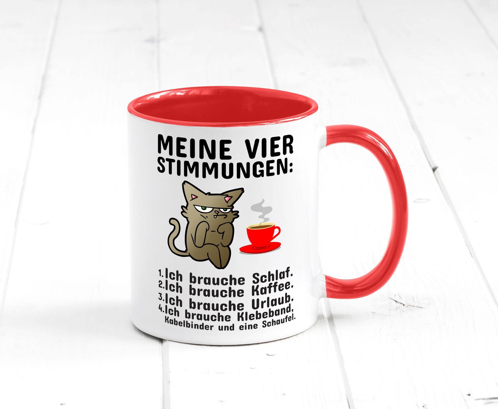 Vier Stimmungen | Morgenmuffel Tasse mürrische Katze Humor Tierliebhaber