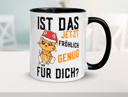 Ist das fröhlich genug | Katze Weihnachten Lichterkette Geschenk Tierliebhaber Tasse