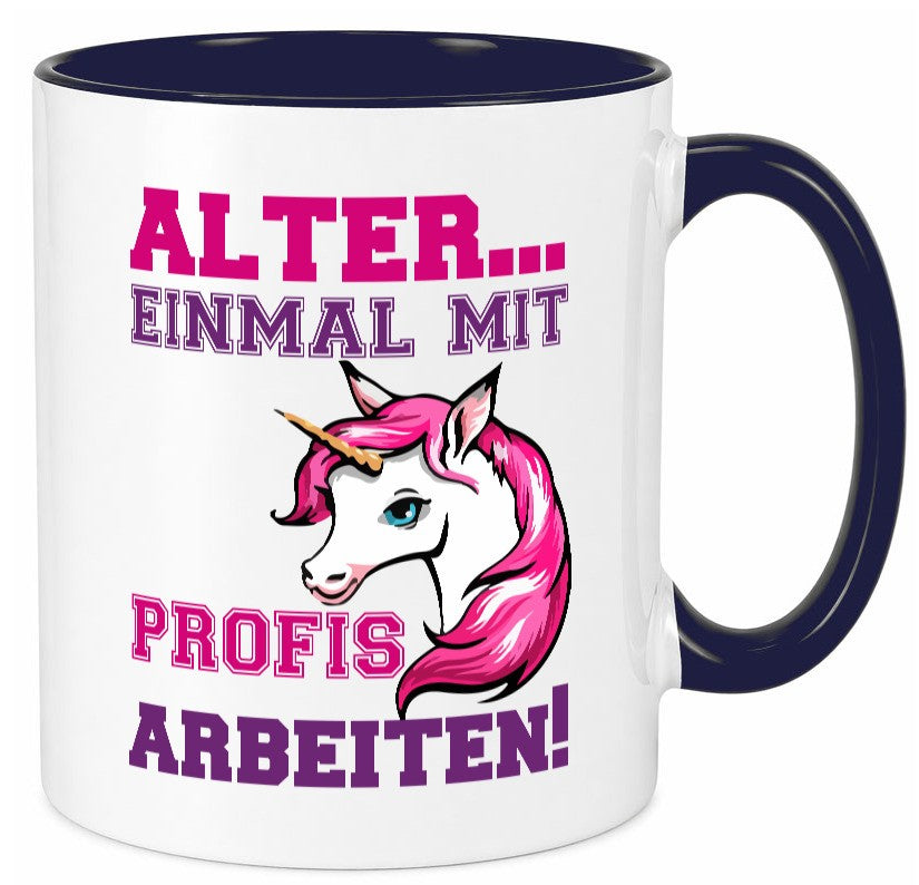 Mit Profis arbeiten | grimmiges Einhorn witzige Tasse Humor Arbeit Kollegen