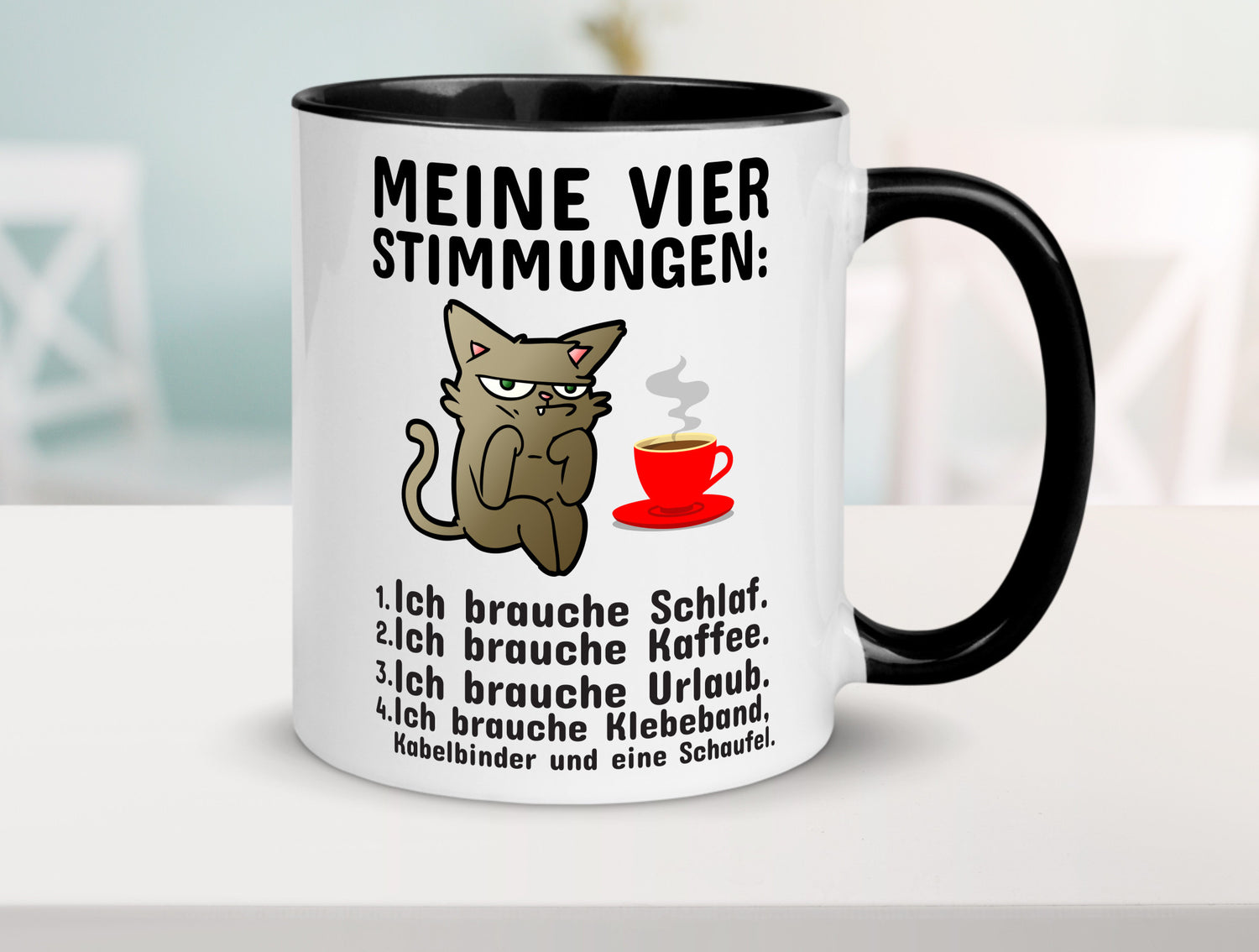Vier Stimmungen | Morgenmuffel Tasse mürrische Katze Humor Tierliebhaber