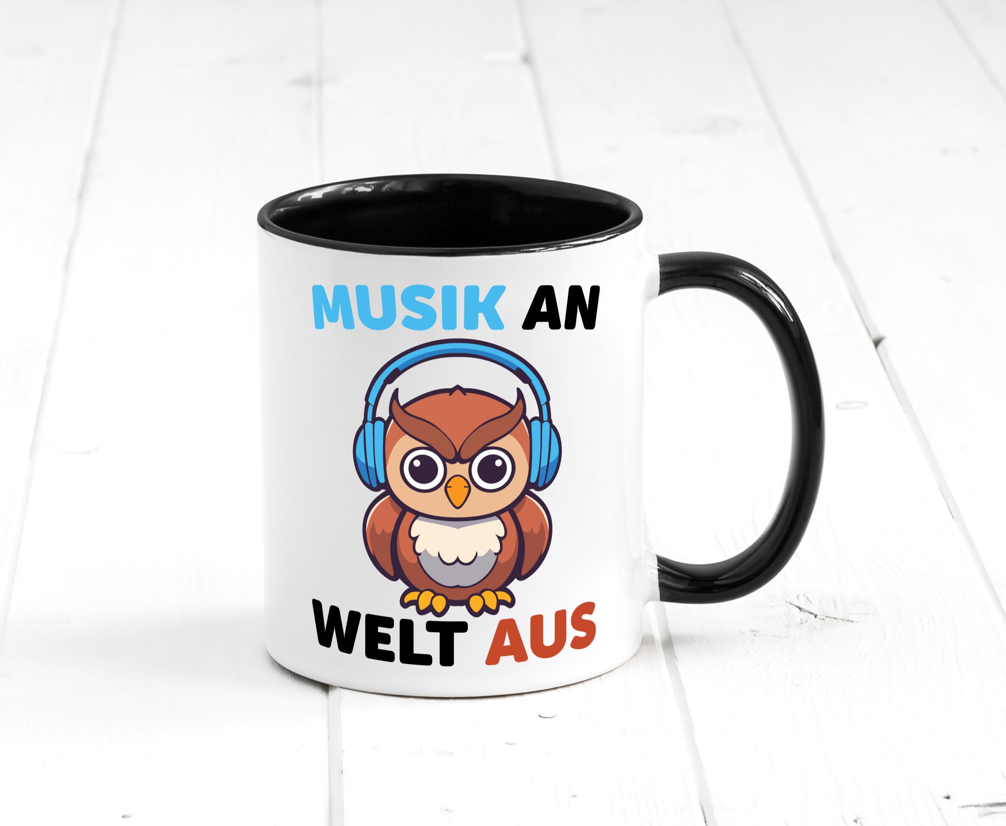 Musik an Welt aus | Eule hört lustiger Spruch Geschenk Humor Geschenkidee Tasse