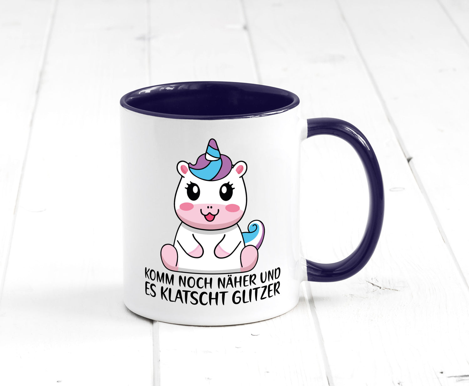 Komm näher und es klatscht Glitzer | Humor Einhorn Geschenkidee Tasse