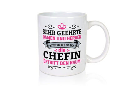 Steht auf | Chefin betritt den Raum Chef Bossin Humor Arbeit Kollegen